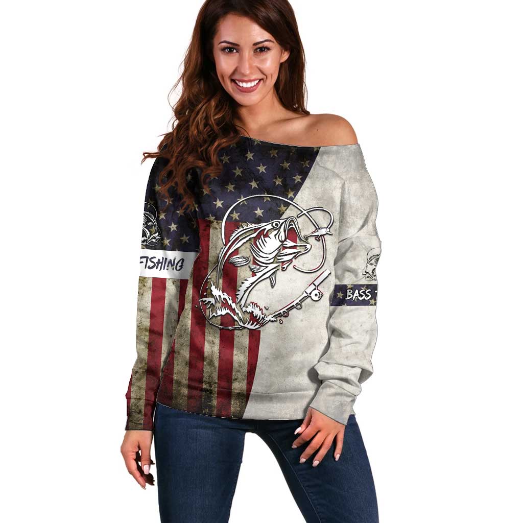 Personalized Distressed American Flag Bass Fishing Off Shoulder Sweater Hooked Fish and Rustic Vintage Theme - Wonder Print Shop