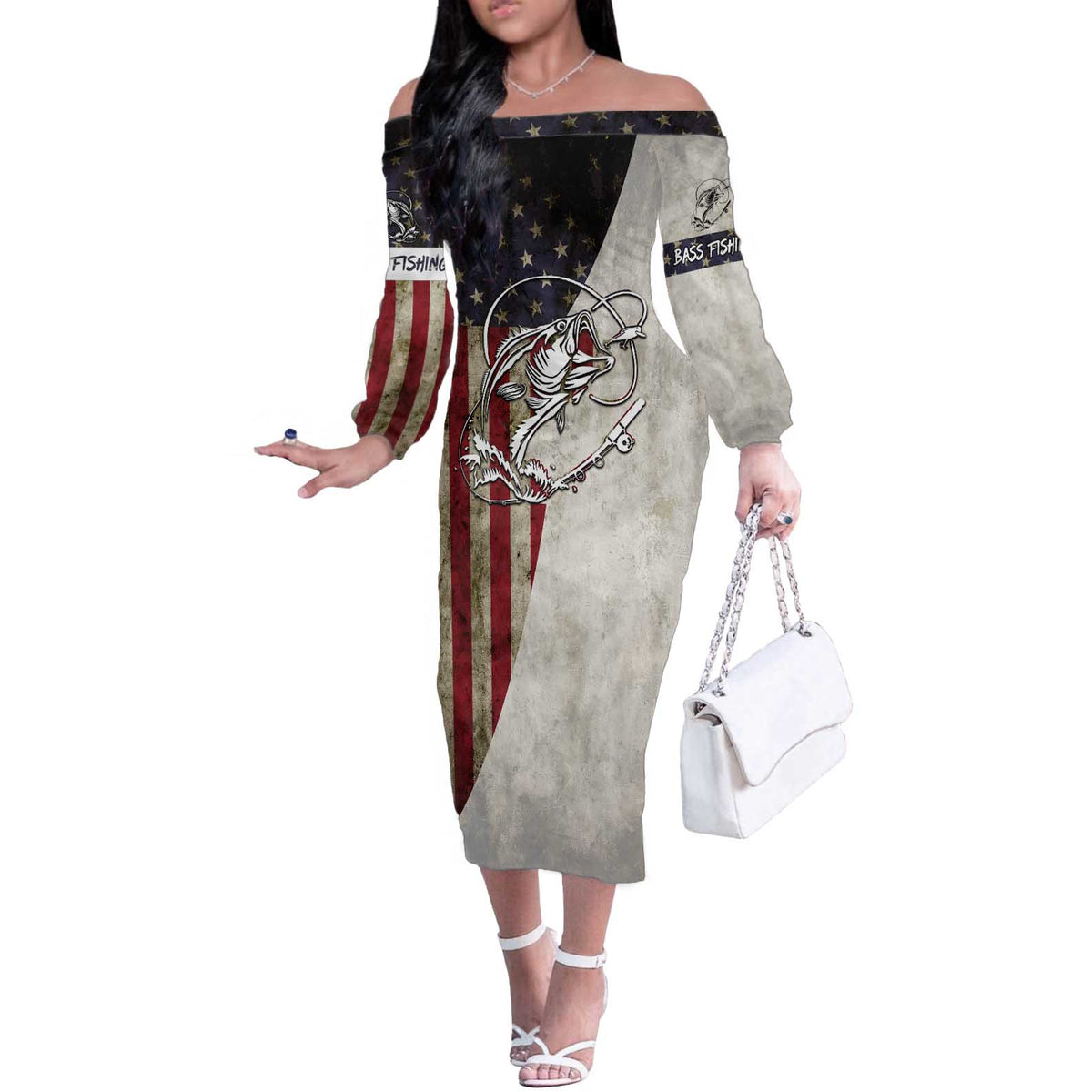 Personalized Distressed American Flag Bass Fishing Off The Shoulder Long Sleeve Dress Hooked Fish and Rustic Vintage Theme - Wonder Print Shop