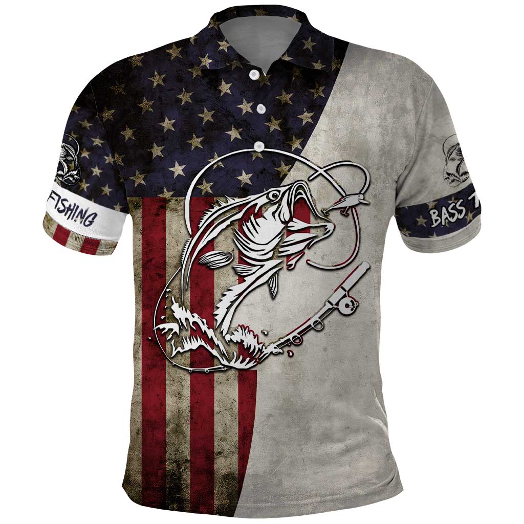 Personalized Distressed American Flag Bass Fishing Polo Shirt Hooked Fish and Rustic Vintage Theme - Wonder Print Shop
