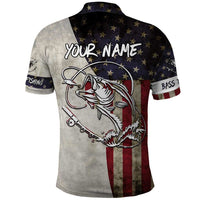 Personalized Distressed American Flag Bass Fishing Polo Shirt Hooked Fish and Rustic Vintage Theme - Wonder Print Shop