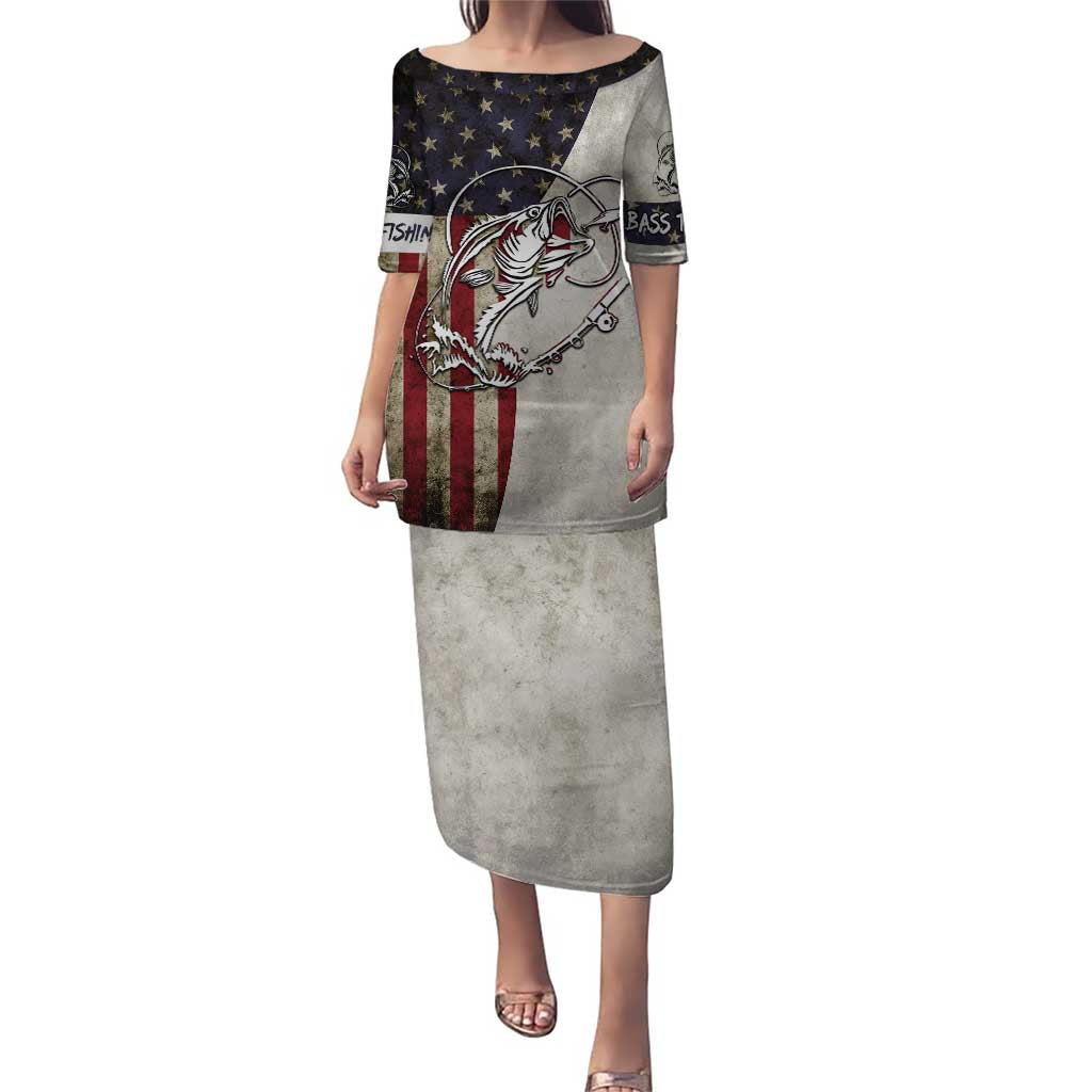 Personalized Distressed American Flag Bass Fishing Puletasi Hooked Fish and Rustic Vintage Theme - Wonder Print Shop