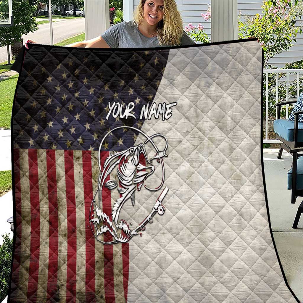 Personalized Distressed American Flag Bass Fishing Quilt Hooked Fish and Rustic Vintage Theme - Wonder Print Shop