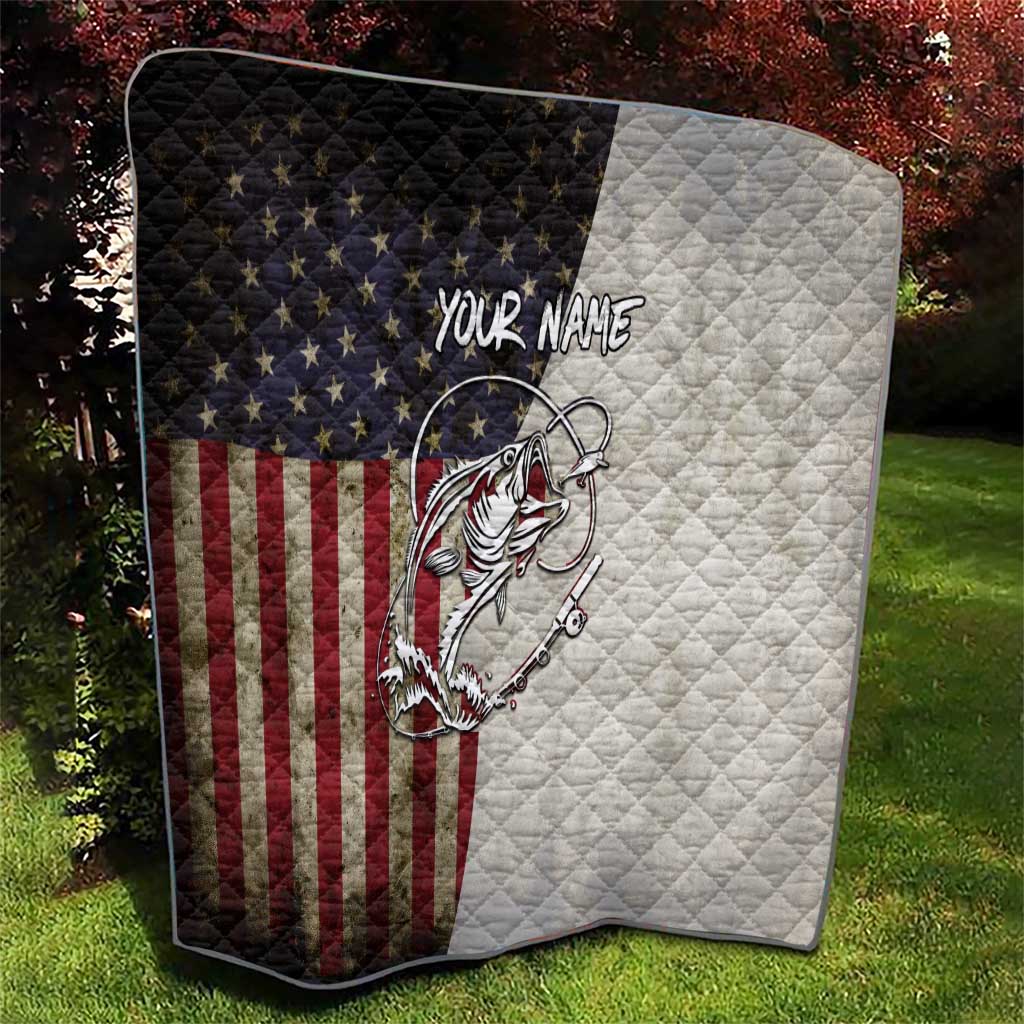 Personalized Distressed American Flag Bass Fishing Quilt Hooked Fish and Rustic Vintage Theme - Wonder Print Shop