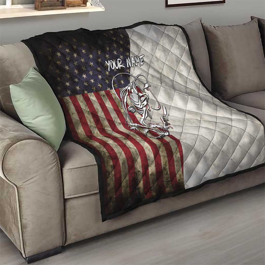 Personalized Distressed American Flag Bass Fishing Quilt Hooked Fish and Rustic Vintage Theme - Wonder Print Shop
