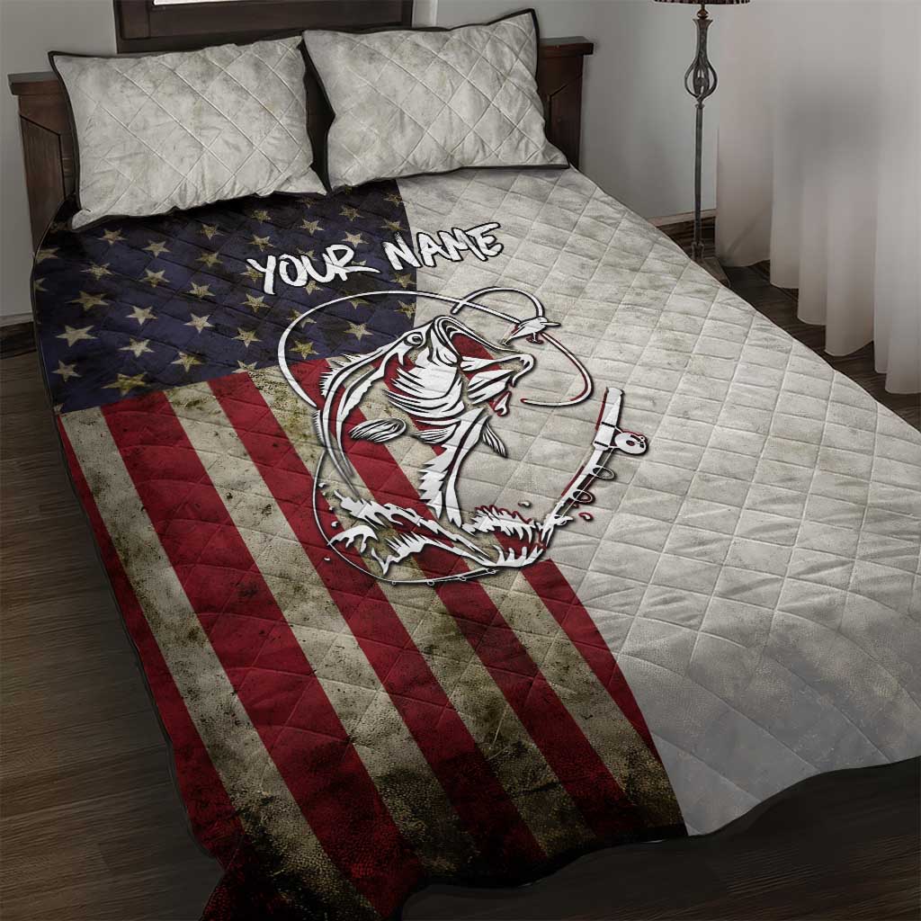 Personalized Distressed American Flag Bass Fishing Quilt Bed Set Hooked Fish and Rustic Vintage Theme - Wonder Print Shop