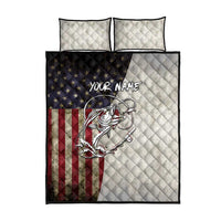 Personalized Distressed American Flag Bass Fishing Quilt Bed Set Hooked Fish and Rustic Vintage Theme - Wonder Print Shop