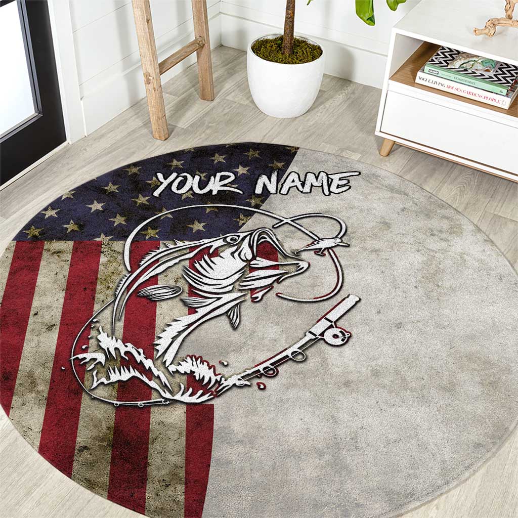 Personalized Distressed American Flag Bass Fishing Round Carpet Hooked Fish and Rustic Vintage Theme - Wonder Print Shop