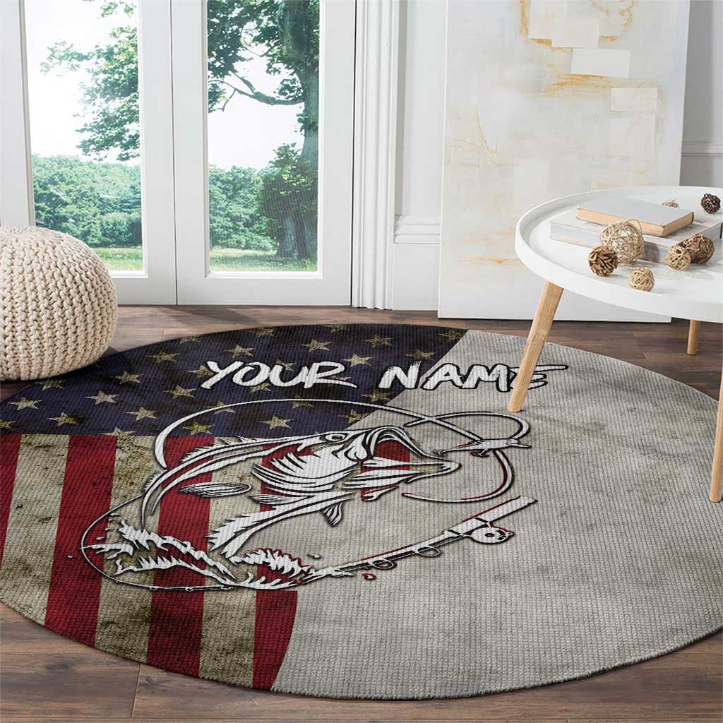 Personalized Distressed American Flag Bass Fishing Round Carpet Hooked Fish and Rustic Vintage Theme - Wonder Print Shop