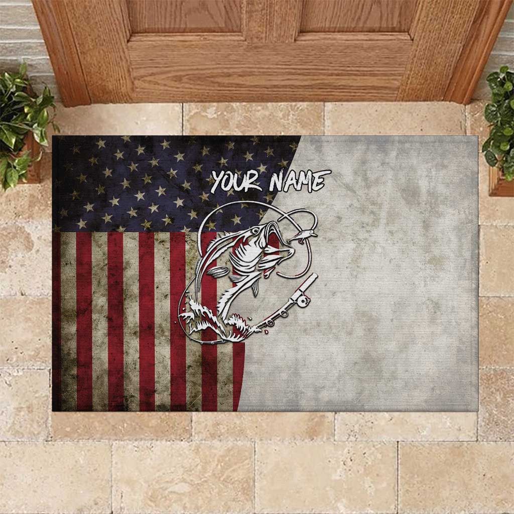 Personalized Distressed American Flag Bass Fishing Rubber Doormat Hooked Fish and Rustic Vintage Theme - Wonder Print Shop