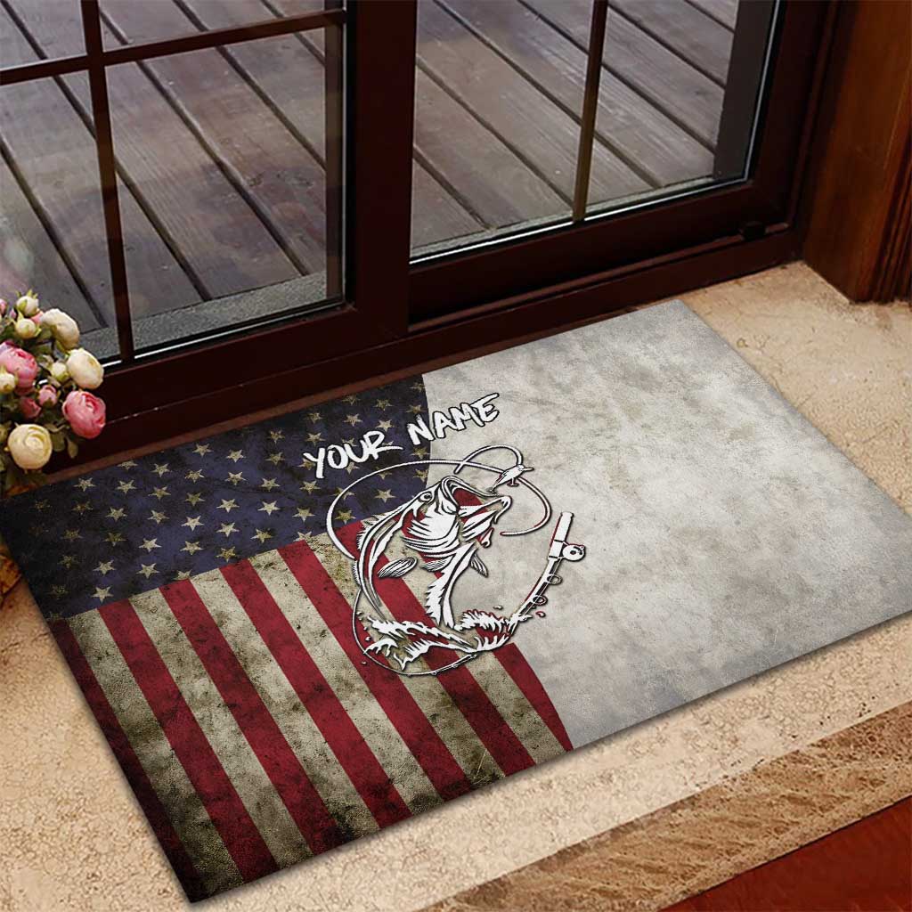 Personalized Distressed American Flag Bass Fishing Rubber Doormat Hooked Fish and Rustic Vintage Theme - Wonder Print Shop