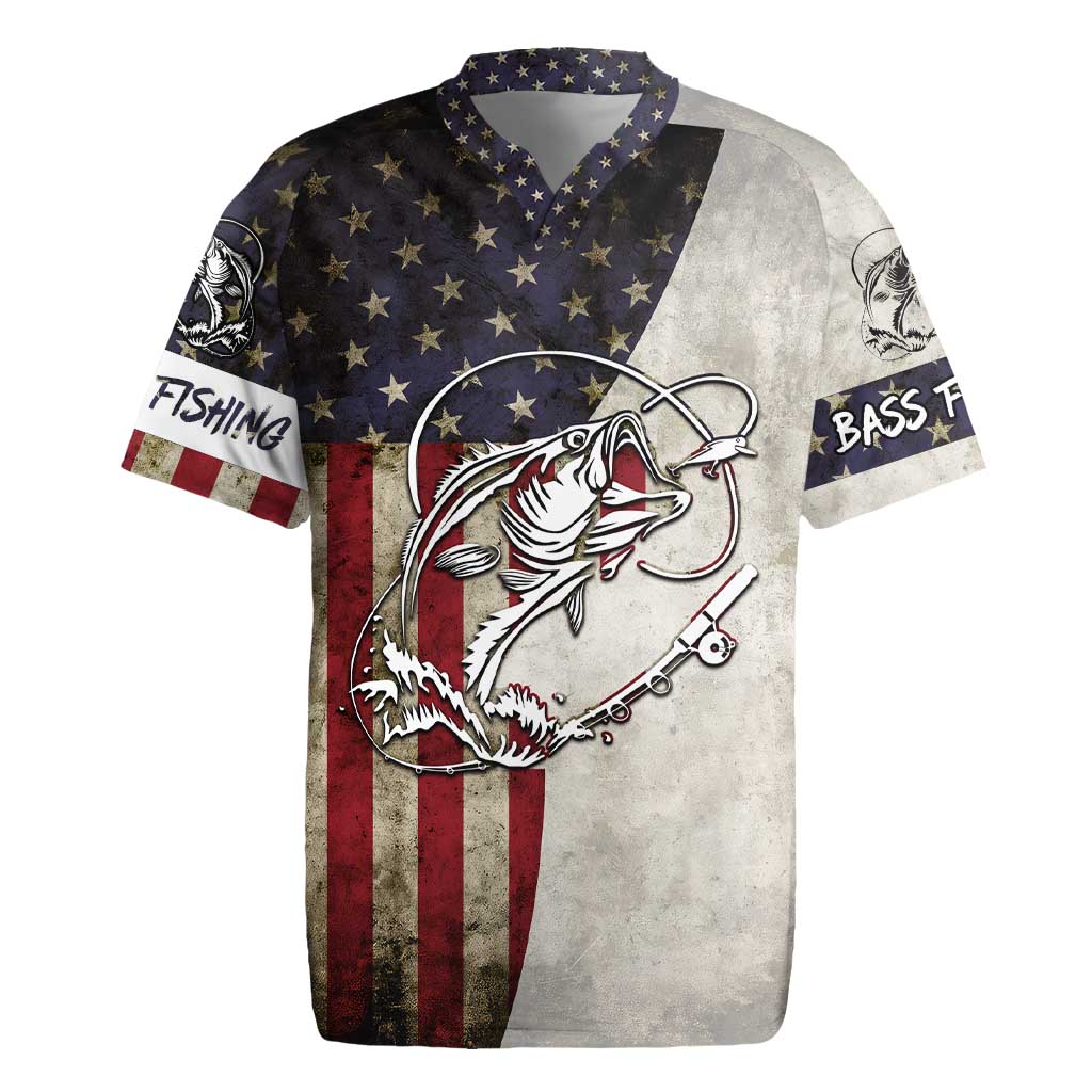 Personalized Distressed American Flag Bass Fishing Rugby Jersey Hooked Fish and Rustic Vintage Theme - Wonder Print Shop