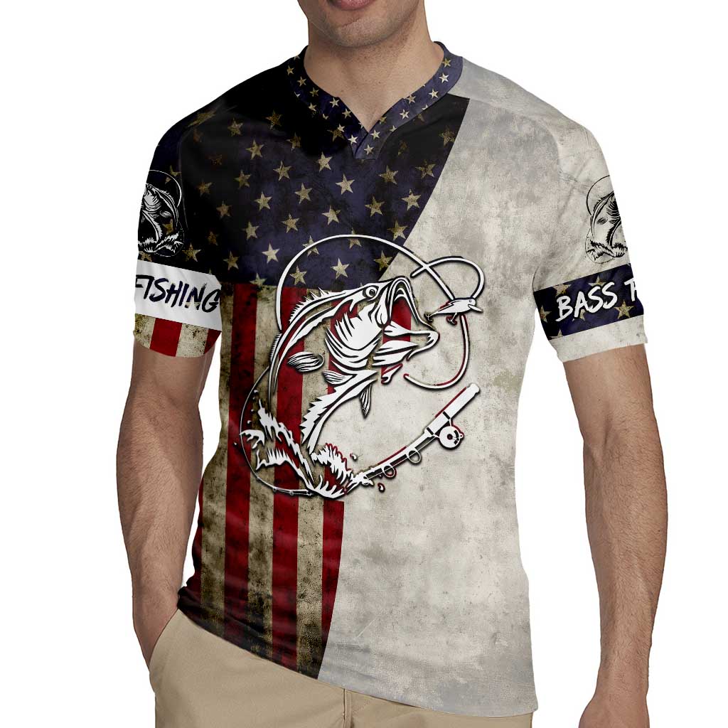 Personalized Distressed American Flag Bass Fishing Rugby Jersey Hooked Fish and Rustic Vintage Theme - Wonder Print Shop