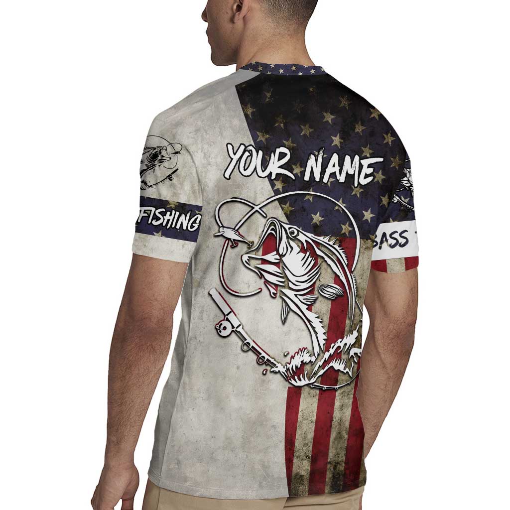 Personalized Distressed American Flag Bass Fishing Rugby Jersey Hooked Fish and Rustic Vintage Theme - Wonder Print Shop