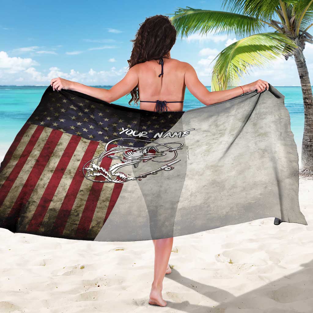 Personalized Distressed American Flag Bass Fishing Sarong Hooked Fish and Rustic Vintage Theme - Wonder Print Shop