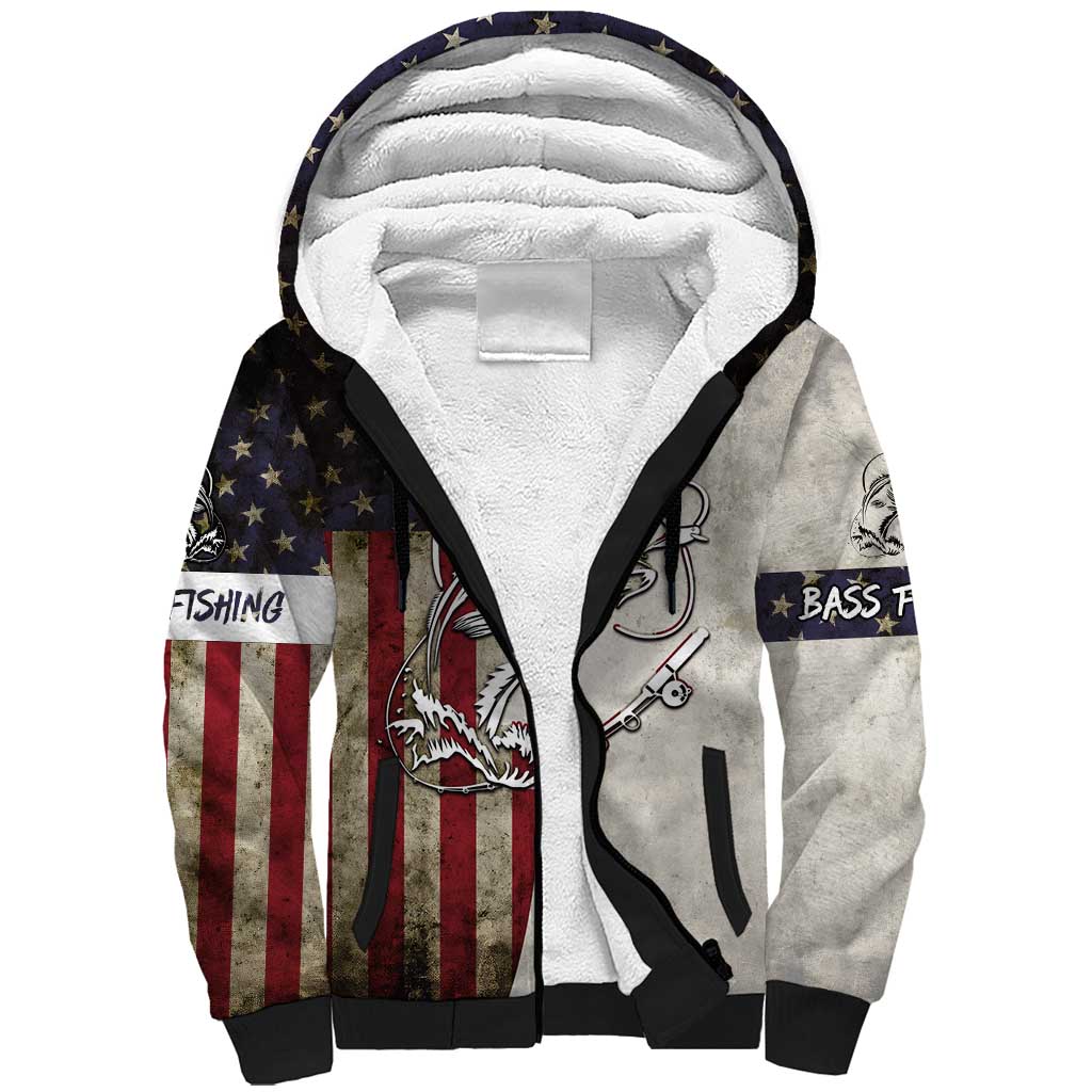 Personalized Distressed American Flag Bass Fishing Sherpa Hoodie Hooked Fish and Rustic Vintage Theme - Wonder Print Shop