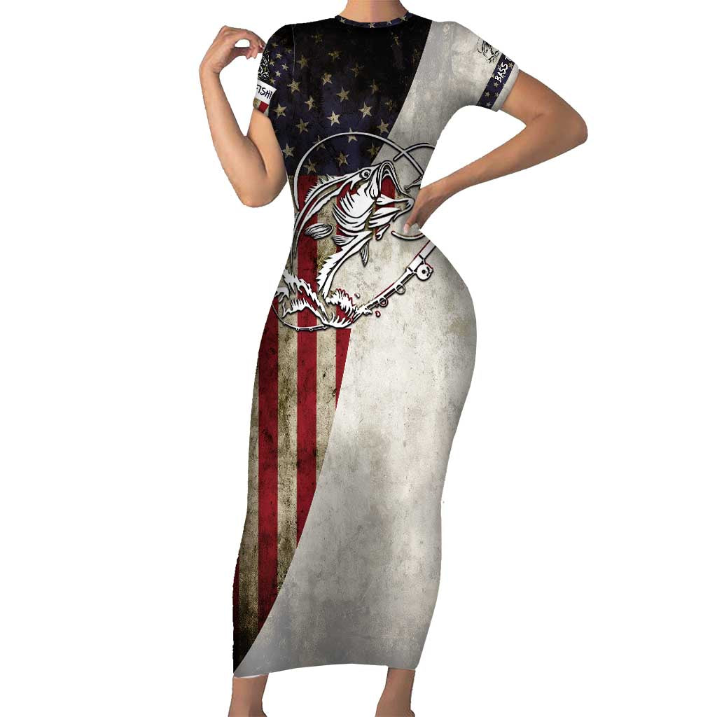 Personalized Distressed American Flag Bass Fishing Short Sleeve Bodycon Dress Hooked Fish and Rustic Vintage Theme - Wonder Print Shop