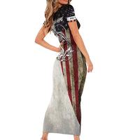 Personalized Distressed American Flag Bass Fishing Short Sleeve Bodycon Dress Hooked Fish and Rustic Vintage Theme - Wonder Print Shop
