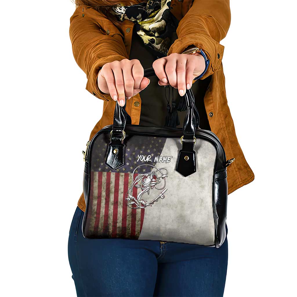 Personalized Distressed American Flag Bass Fishing Shoulder Handbag Hooked Fish and Rustic Vintage Theme - Wonder Print Shop