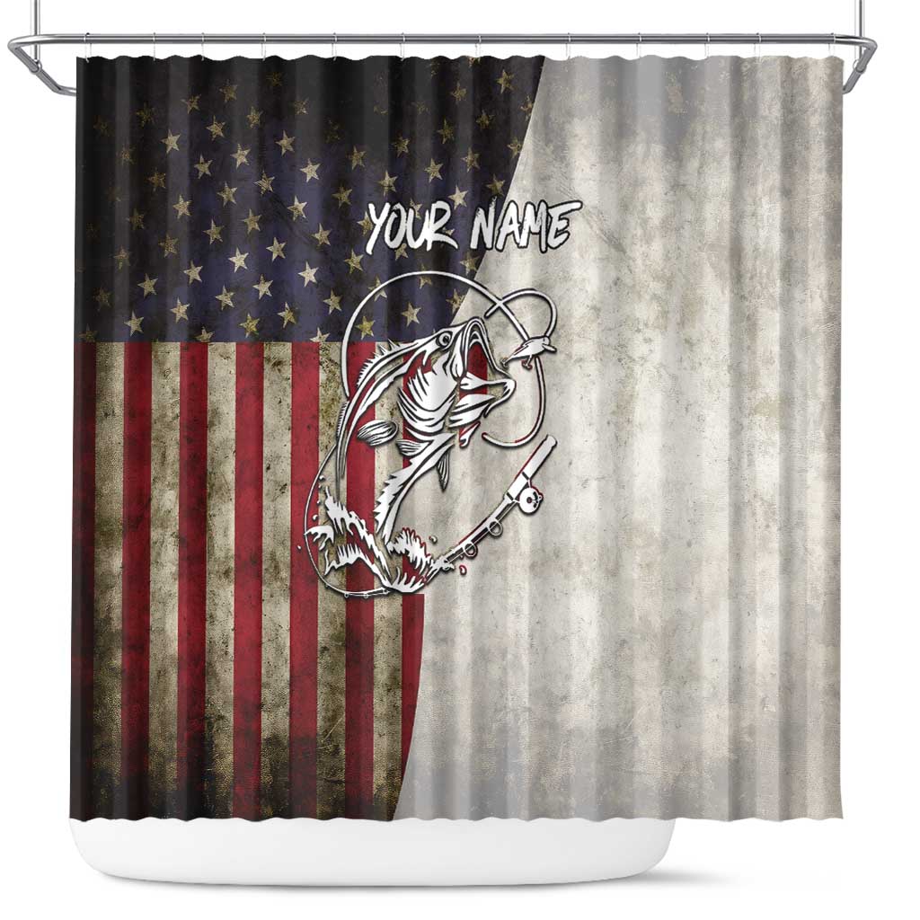 Personalized Distressed American Flag Bass Fishing Shower Curtain Hooked Fish and Rustic Vintage Theme - Wonder Print Shop