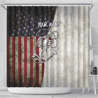Personalized Distressed American Flag Bass Fishing Shower Curtain Hooked Fish and Rustic Vintage Theme - Wonder Print Shop