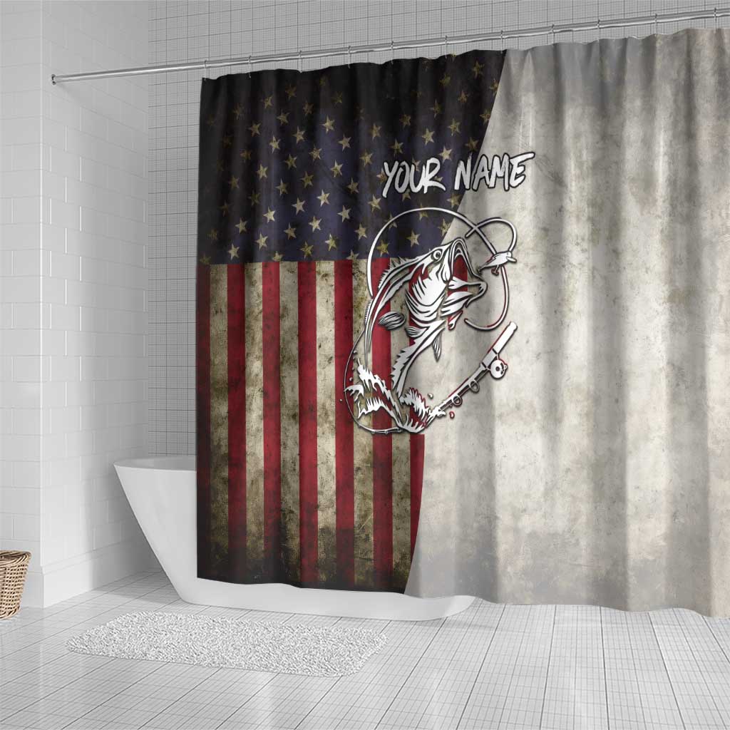 Personalized Distressed American Flag Bass Fishing Shower Curtain Hooked Fish and Rustic Vintage Theme - Wonder Print Shop