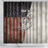 Personalized Distressed American Flag Bass Fishing Shower Curtain Hooked Fish and Rustic Vintage Theme - Wonder Print Shop