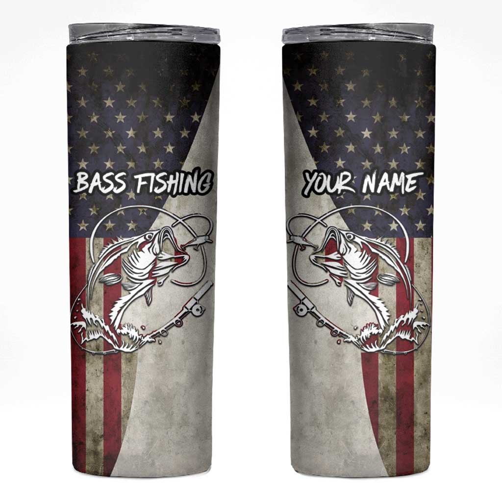 Personalized Distressed American Flag Bass Fishing Skinny Tumbler Hooked Fish and Rustic Vintage Theme - Wonder Print Shop