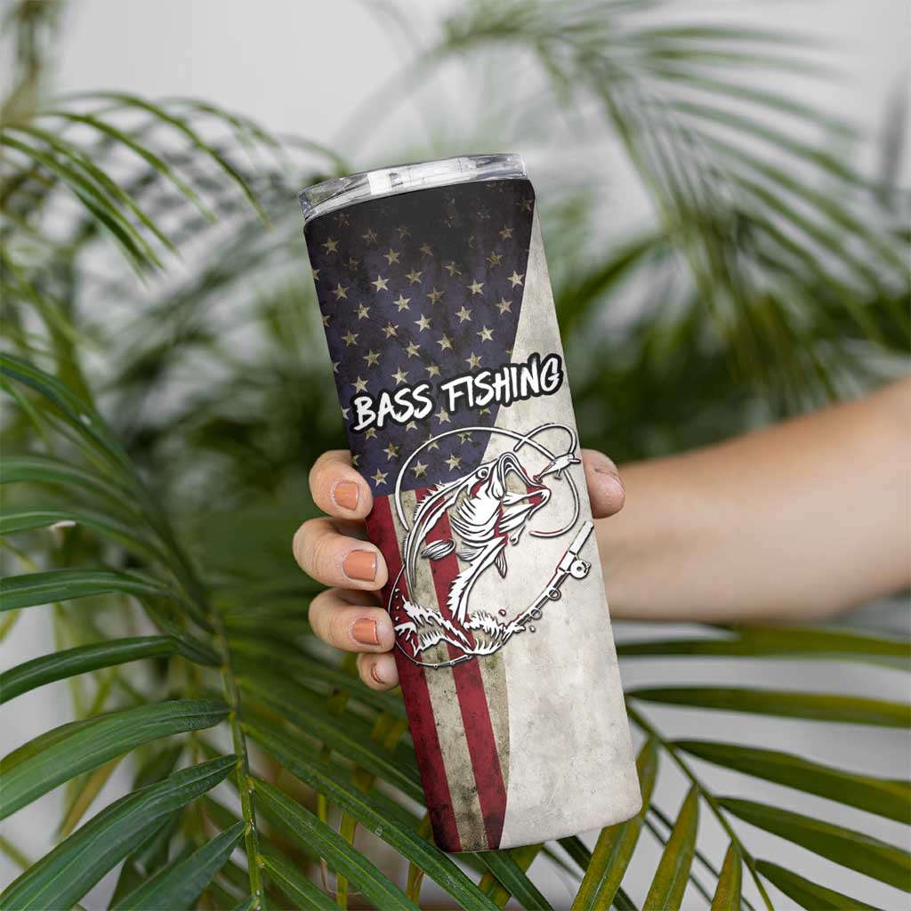Personalized Distressed American Flag Bass Fishing Skinny Tumbler Hooked Fish and Rustic Vintage Theme - Wonder Print Shop