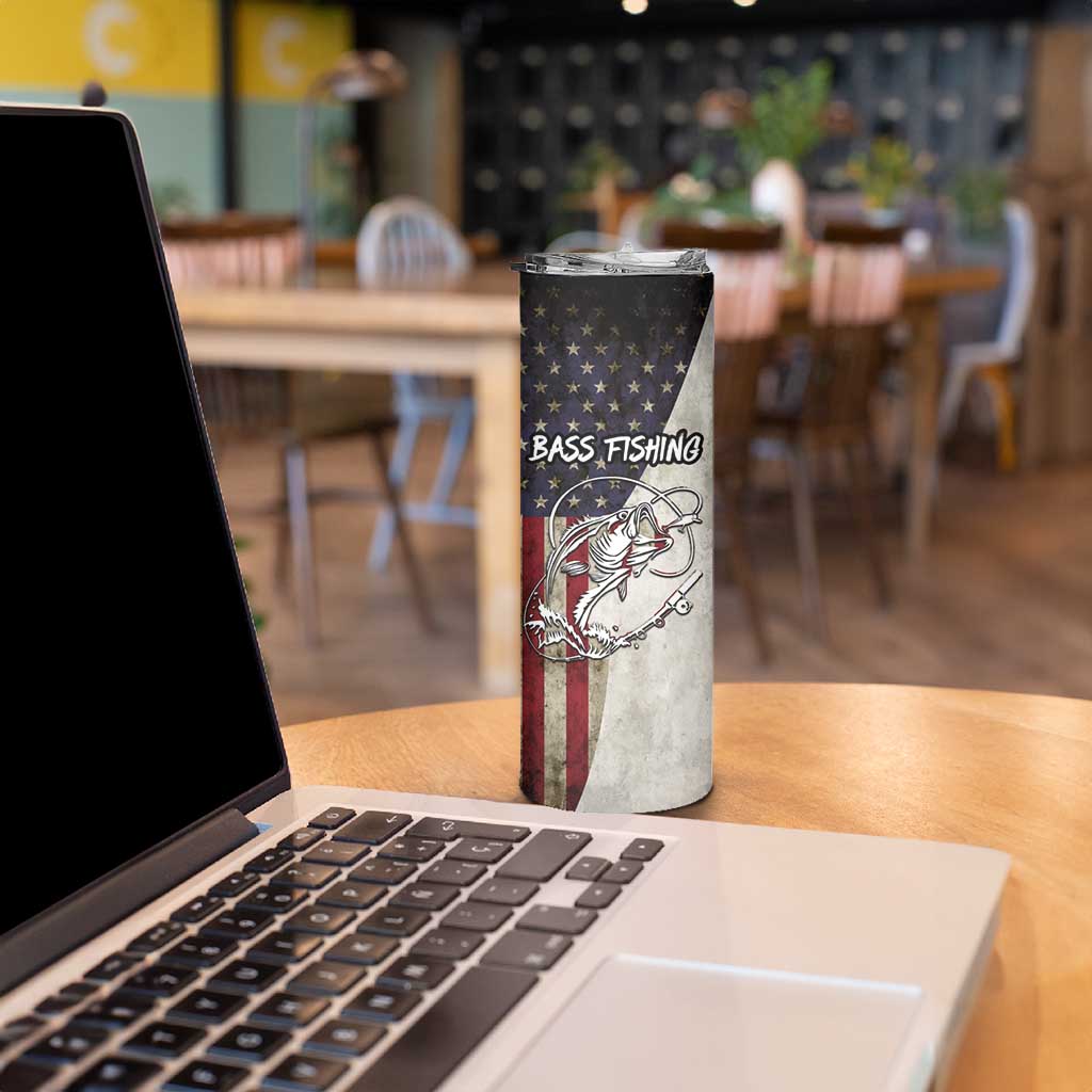 Personalized Distressed American Flag Bass Fishing Skinny Tumbler Hooked Fish and Rustic Vintage Theme - Wonder Print Shop