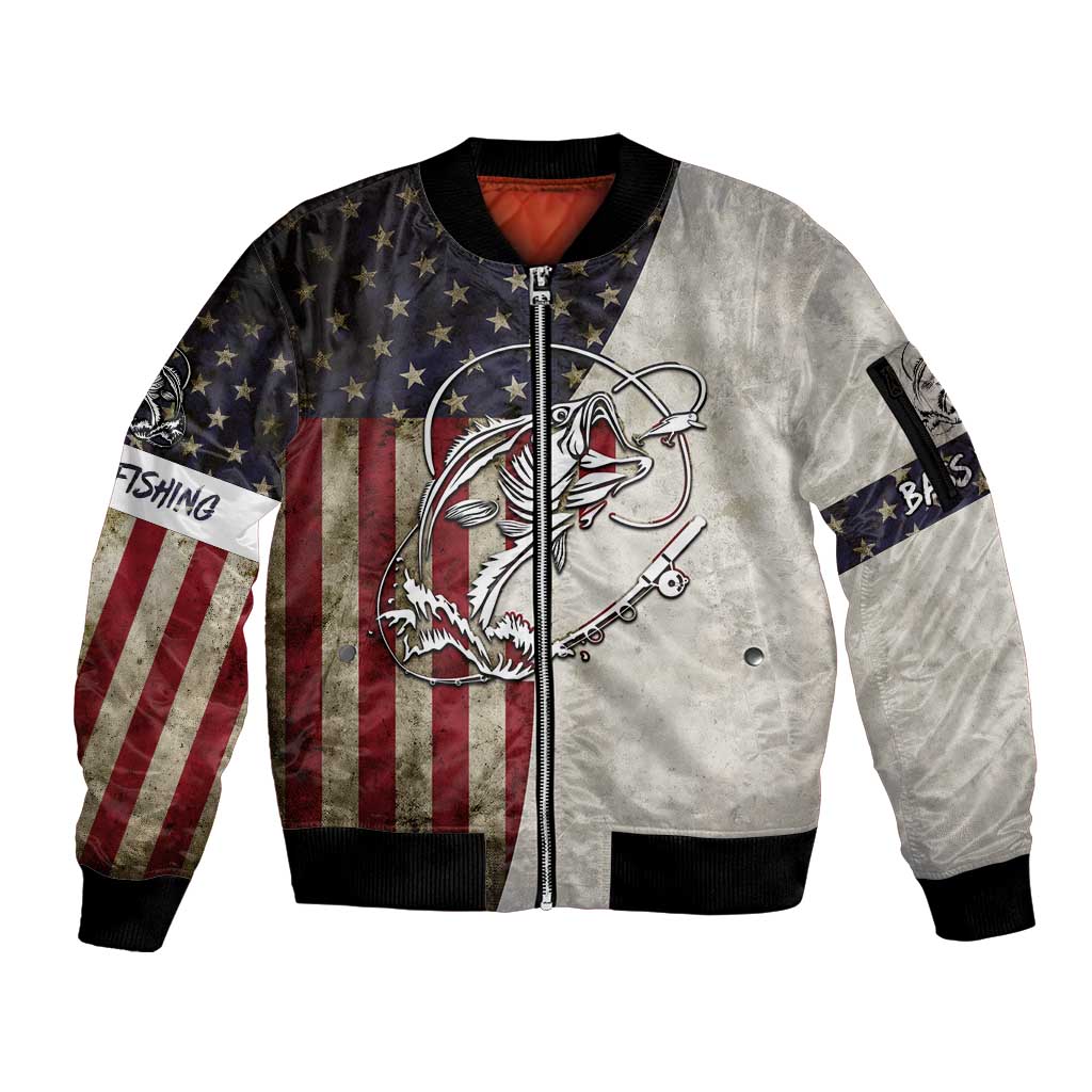 Personalized Distressed American Flag Bass Fishing Sleeve Zip Bomber Jacket Hooked Fish and Rustic Vintage Theme - Wonder Print Shop
