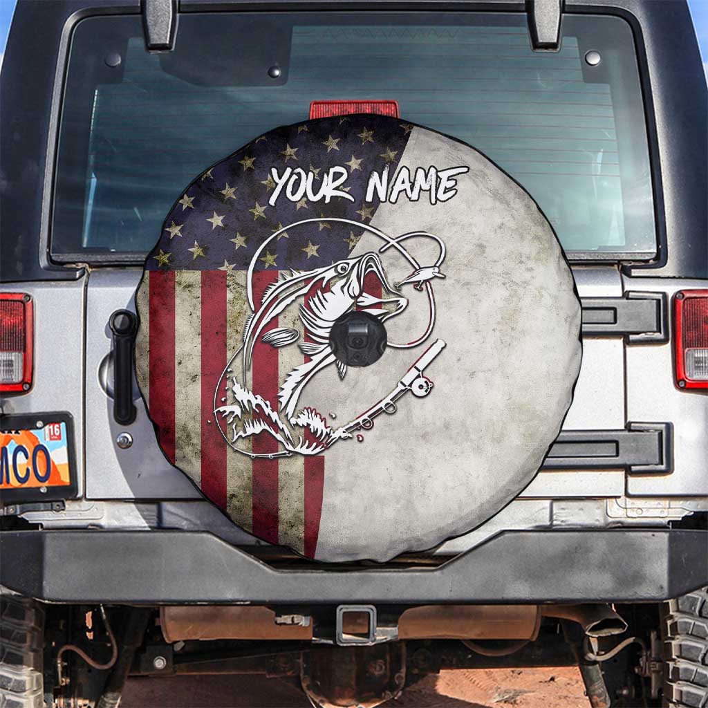 Personalized Distressed American Flag Bass Fishing Spare Tire Cover Hooked Fish and Rustic Vintage Theme - Wonder Print Shop