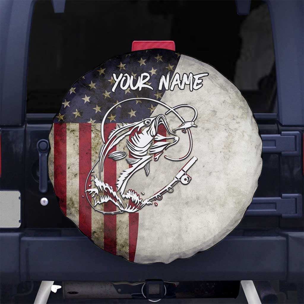 Personalized Distressed American Flag Bass Fishing Spare Tire Cover Hooked Fish and Rustic Vintage Theme - Wonder Print Shop