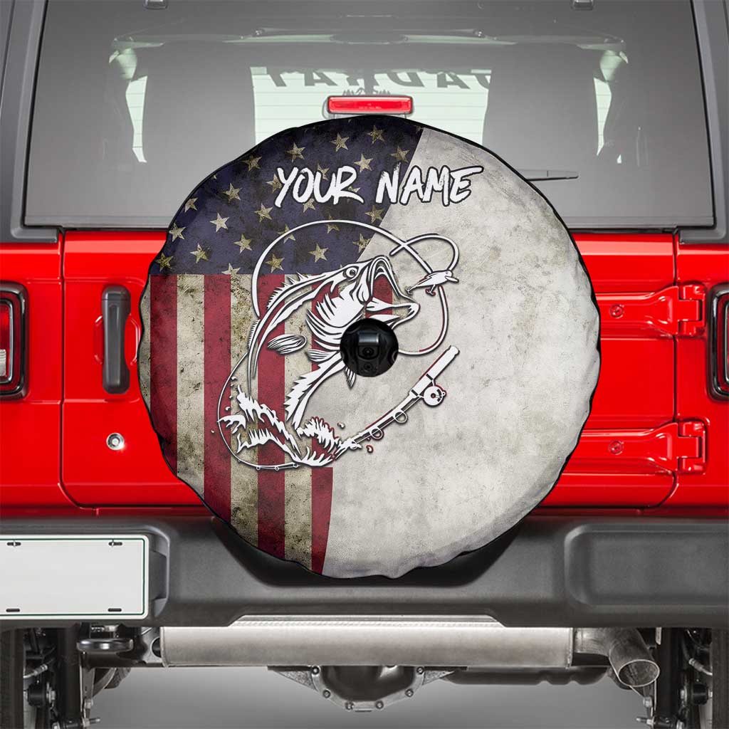 Personalized Distressed American Flag Bass Fishing Spare Tire Cover Hooked Fish and Rustic Vintage Theme - Wonder Print Shop