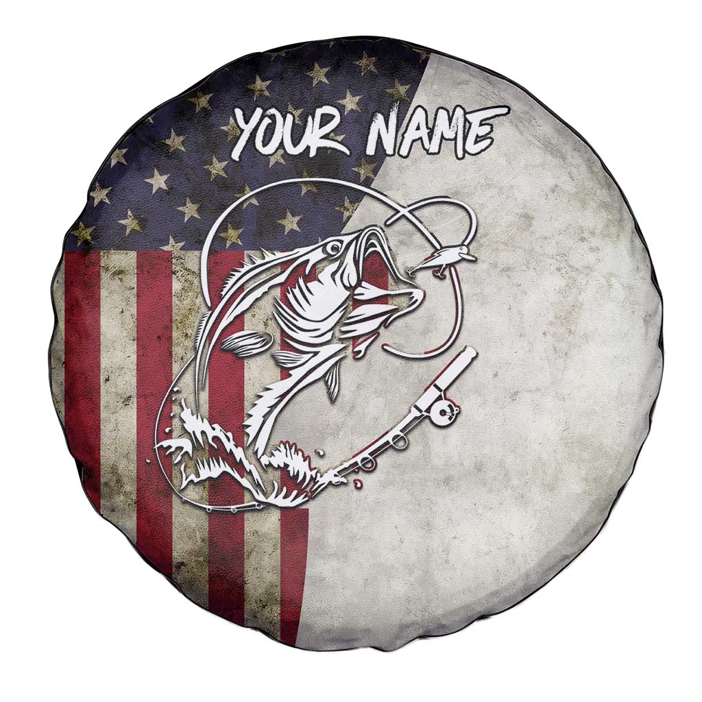 Personalized Distressed American Flag Bass Fishing Spare Tire Cover Hooked Fish and Rustic Vintage Theme - Wonder Print Shop