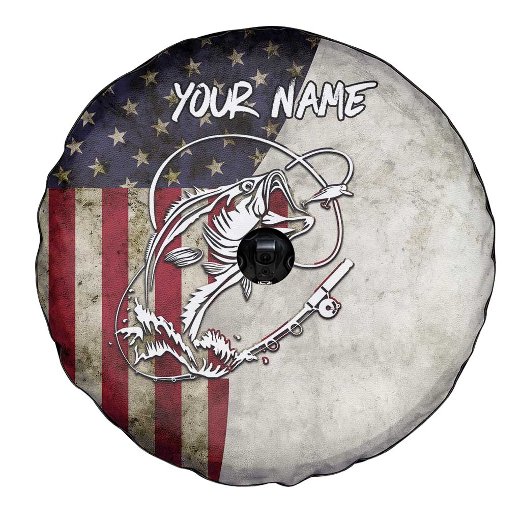 Personalized Distressed American Flag Bass Fishing Spare Tire Cover Hooked Fish and Rustic Vintage Theme - Wonder Print Shop