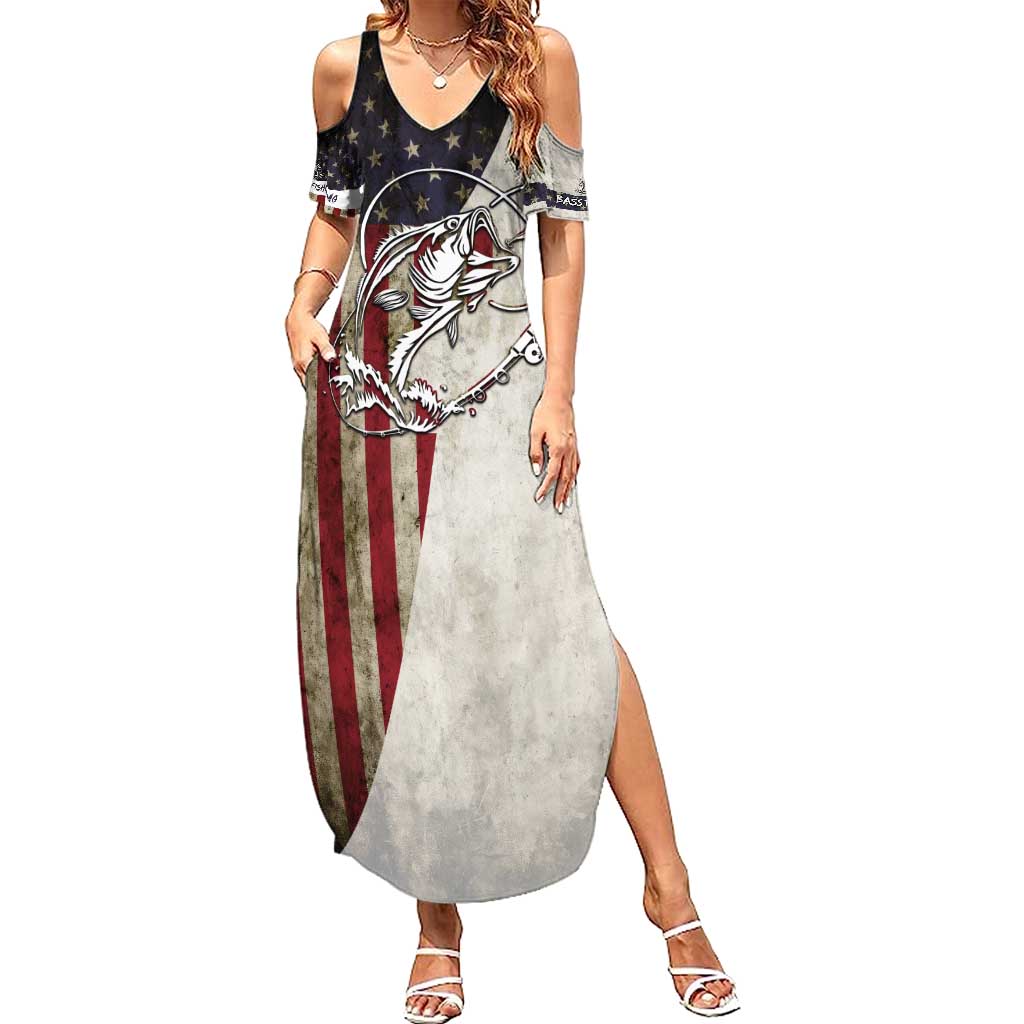 Personalized Distressed American Flag Bass Fishing Summer Maxi Dress Hooked Fish and Rustic Vintage Theme - Wonder Print Shop