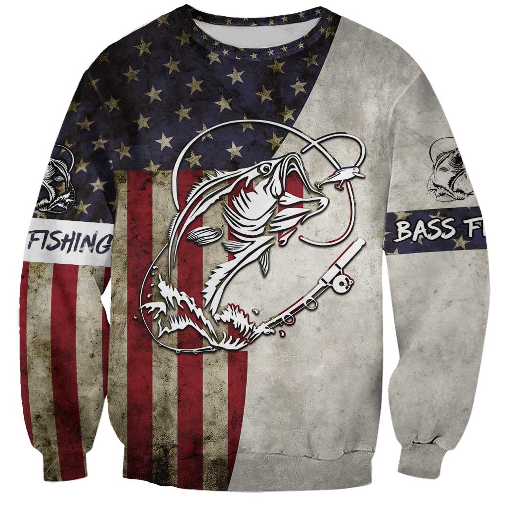 Personalized Distressed American Flag Bass Fishing Sweatshirt Hooked Fish and Rustic Vintage Theme - Wonder Print Shop