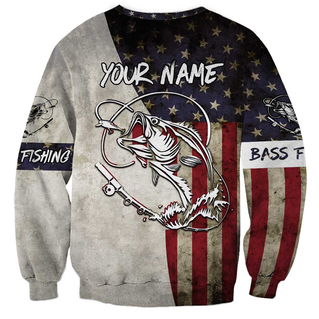 Personalized Distressed American Flag Bass Fishing Sweatshirt Hooked Fish and Rustic Vintage Theme - Wonder Print Shop