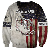 Personalized Distressed American Flag Bass Fishing Sweatshirt Hooked Fish and Rustic Vintage Theme - Wonder Print Shop