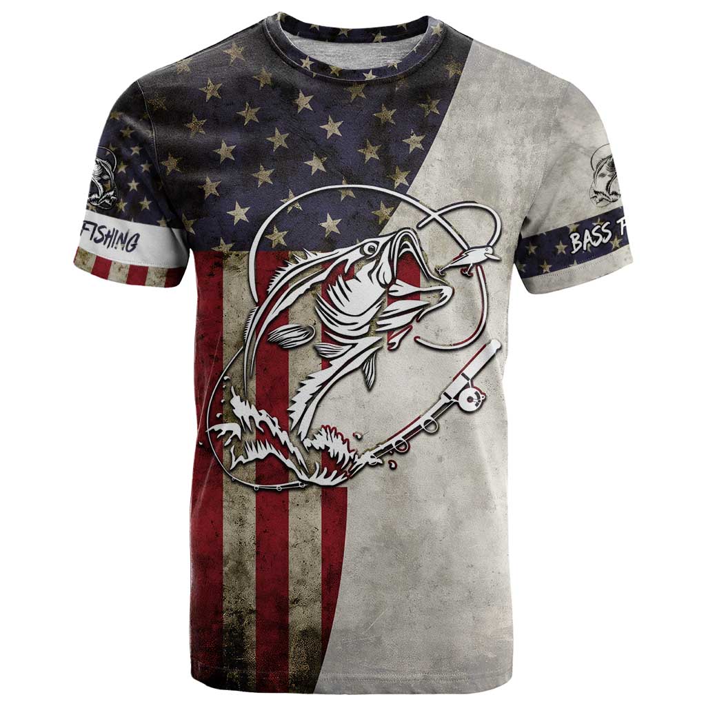 Personalized Distressed American Flag Bass Fishing T Shirt Hooked Fish and Rustic Vintage Theme - Wonder Print Shop
