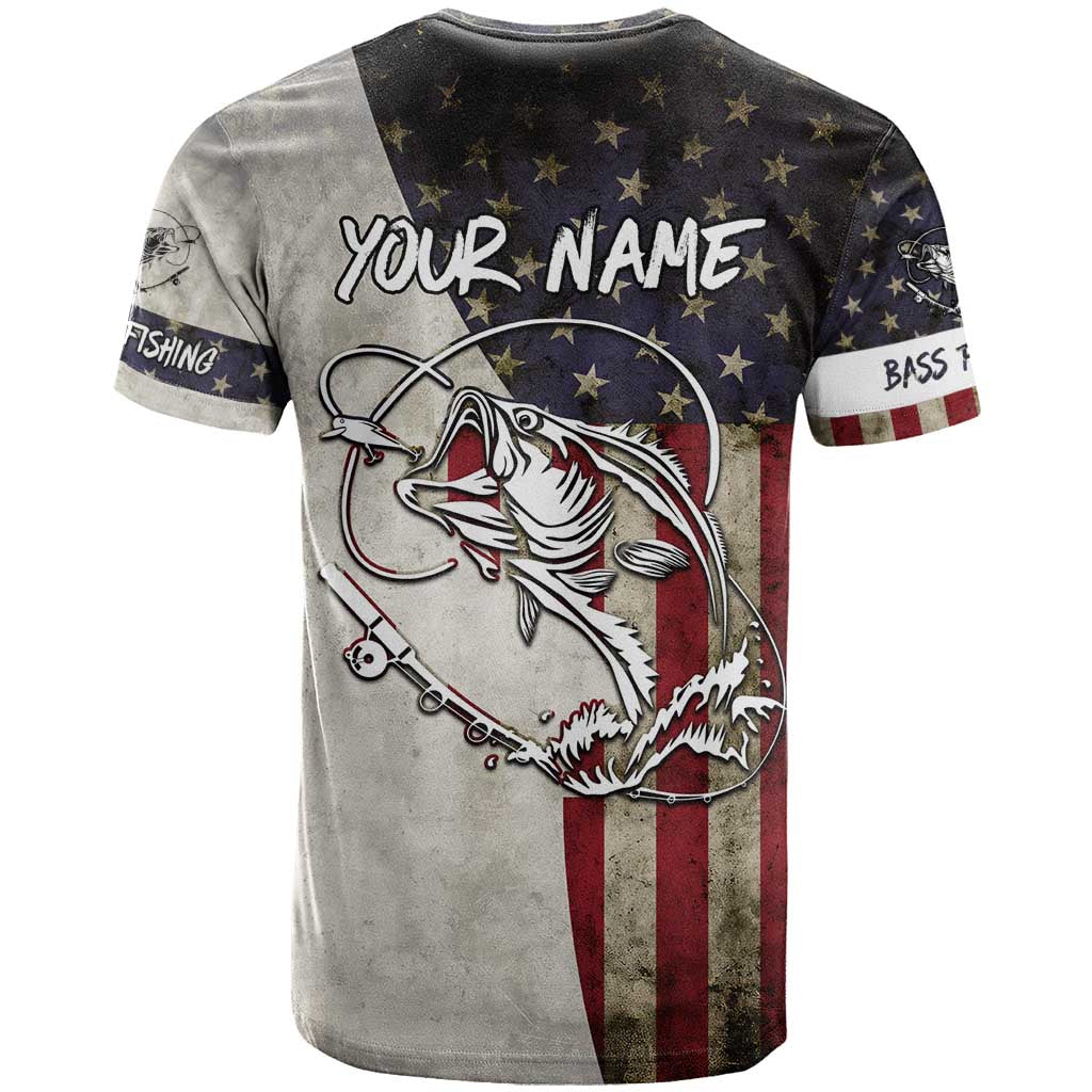 Personalized Distressed American Flag Bass Fishing T Shirt Hooked Fish and Rustic Vintage Theme - Wonder Print Shop