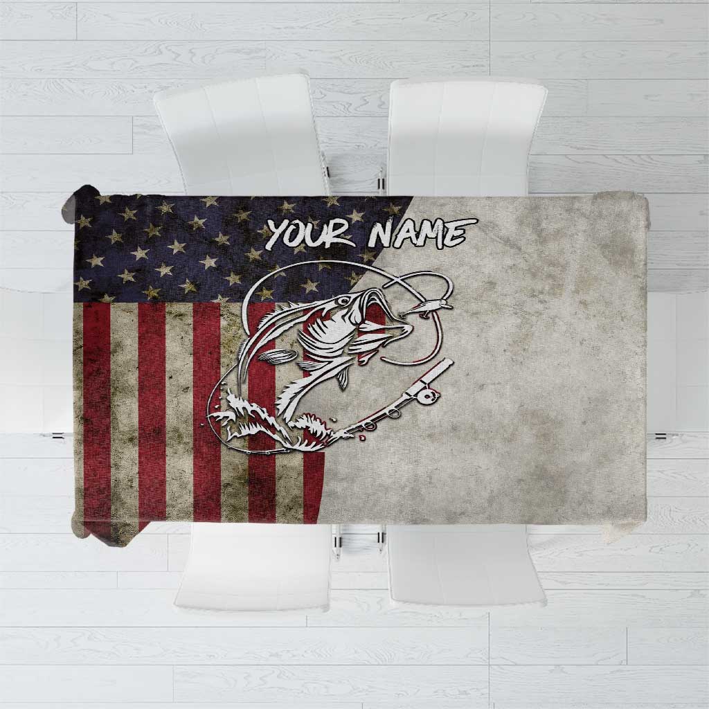 Personalized Distressed American Flag Bass Fishing Tablecloth Hooked Fish and Rustic Vintage Theme - Wonder Print Shop
