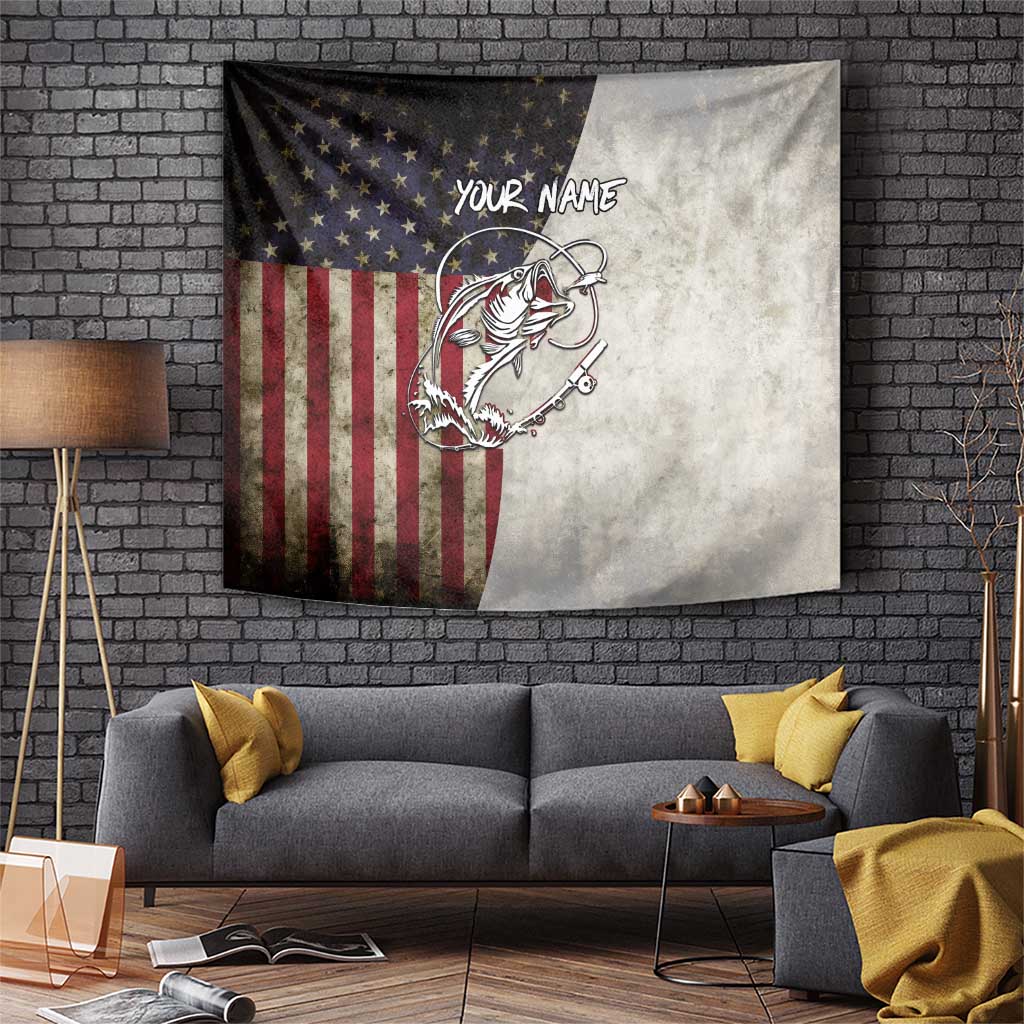 Personalized Distressed American Flag Bass Fishing Tapestry Hooked Fish and Rustic Vintage Theme - Wonder Print Shop