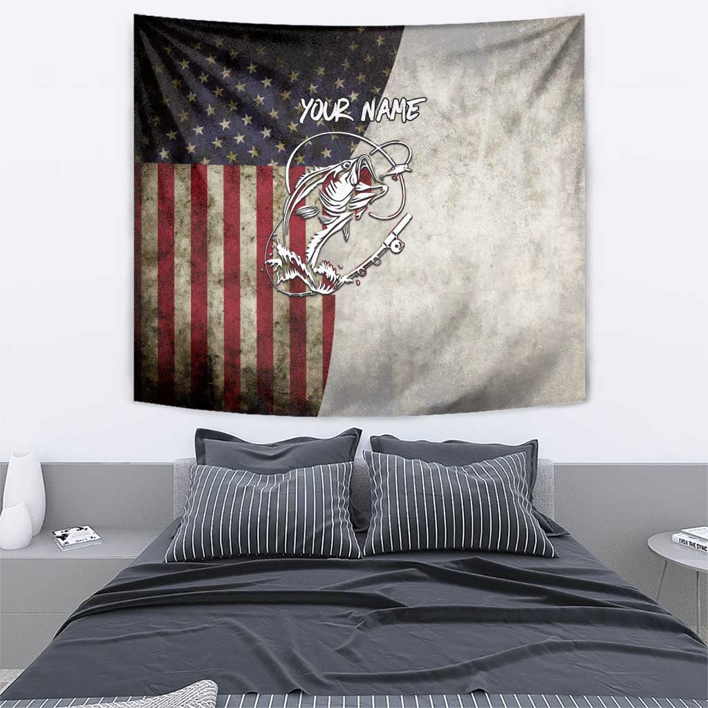 Personalized Distressed American Flag Bass Fishing Tapestry Hooked Fish and Rustic Vintage Theme - Wonder Print Shop