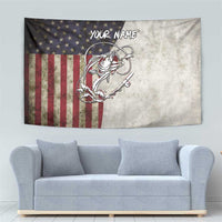 Personalized Distressed American Flag Bass Fishing Tapestry Hooked Fish and Rustic Vintage Theme - Wonder Print Shop