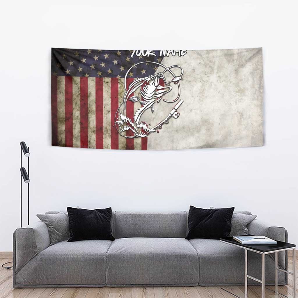 Personalized Distressed American Flag Bass Fishing Tapestry Hooked Fish and Rustic Vintage Theme - Wonder Print Shop