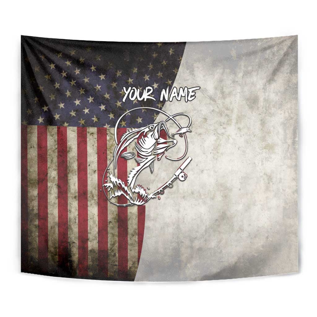 Personalized Distressed American Flag Bass Fishing Tapestry Hooked Fish and Rustic Vintage Theme - Wonder Print Shop