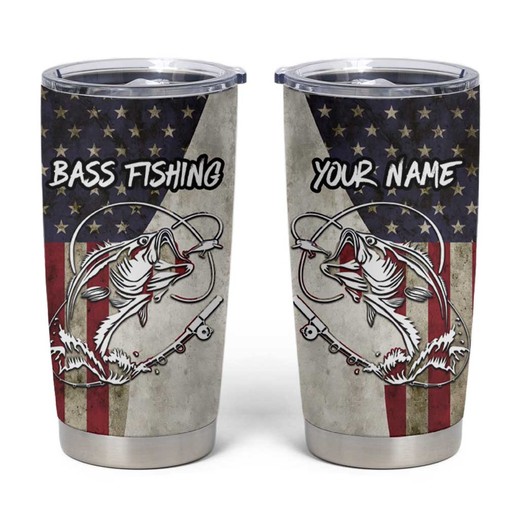 Personalized Distressed American Flag Bass Fishing Tumbler Cup Hooked Fish and Rustic Vintage Theme - Wonder Print Shop
