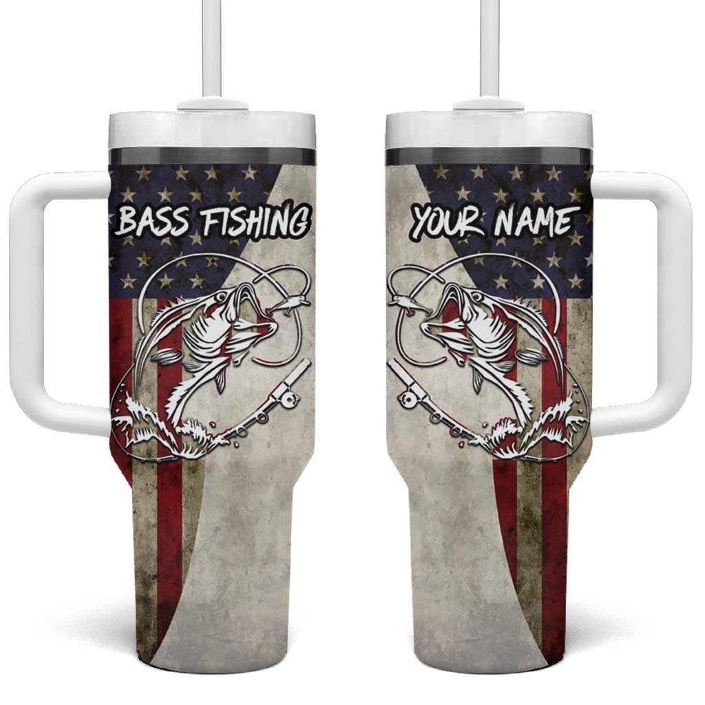 Personalized Distressed American Flag Bass Fishing Tumbler With Handle Hooked Fish and Rustic Vintage Theme - Wonder Print Shop