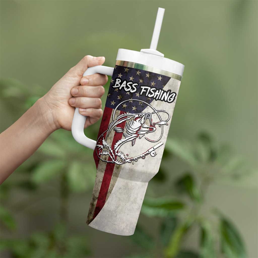 Personalized Distressed American Flag Bass Fishing Tumbler With Handle Hooked Fish and Rustic Vintage Theme - Wonder Print Shop